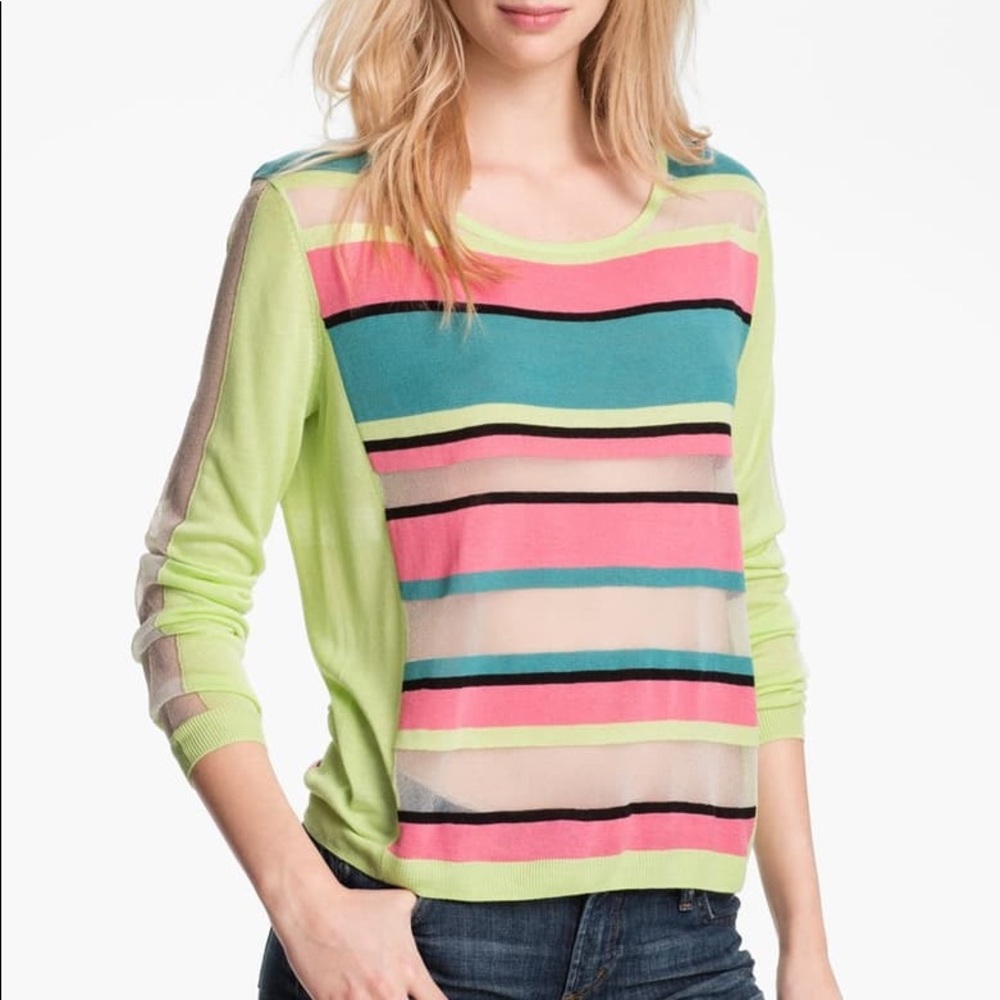 TROUVE - Neon Sheer Striped Sweater - XS